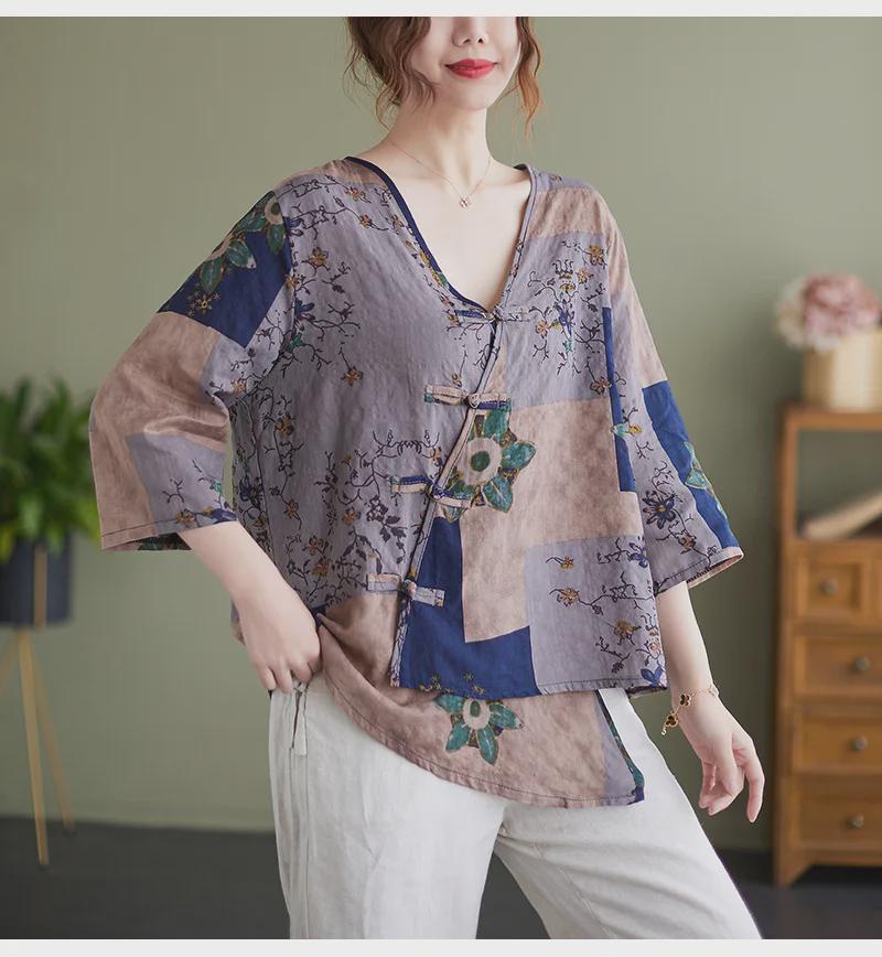 2022 Summer V-Neck Asymmetrical Cotton Linen Shirt - Printed, Plus Size, Mid-Length Sleeves, Retro Women's Fashion