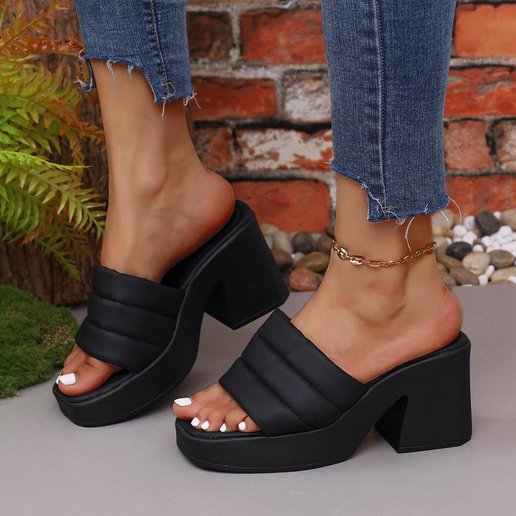 European-American Thick-Sole Chunky Heel Square Toe Sandals - Women's Summer High-Heeled Wide-Strap Slippers