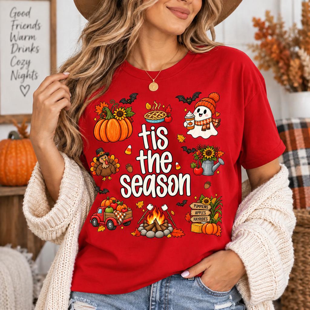 Tis The Season Fall Thanksgiving Pumpkin Ghost Turkey Printed T-Shirt
