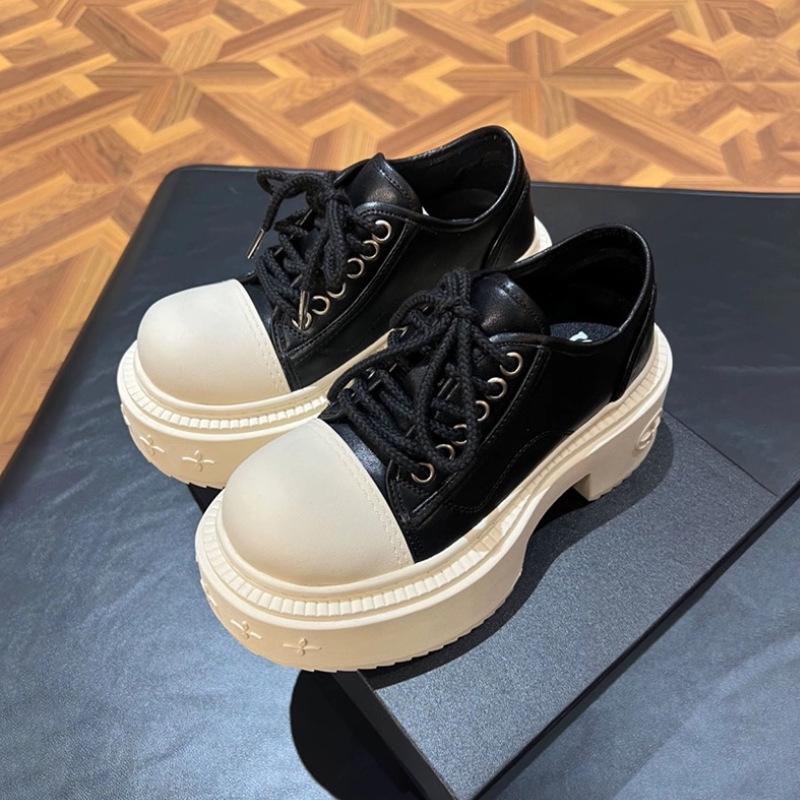 Women's Platform Cross Strap Derby Shoes - Chunky Sole, Genuine Leather, Canvas, Color Block, Height Increasing, Versatile, Petite Friendly.