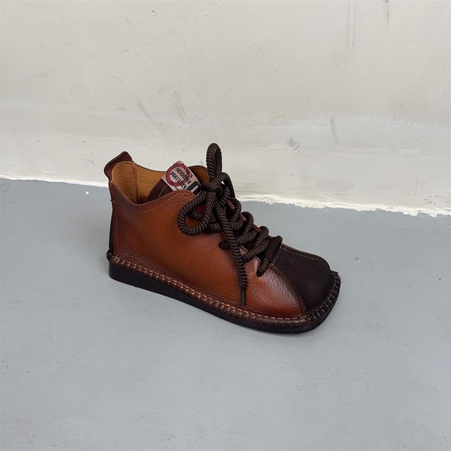 Johnature Genuine Leather Square Toe Retro Short Boots Lace Up Flat Bottom Women's Shoes