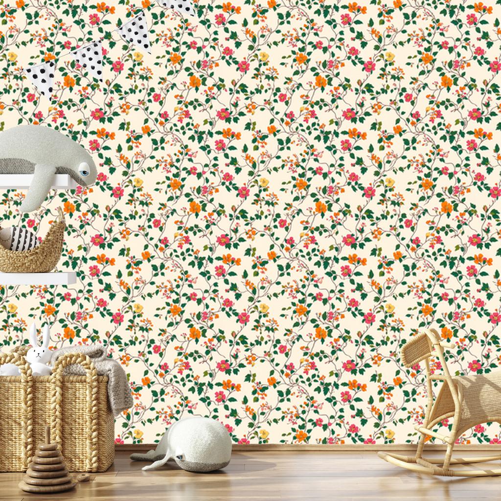 Wallpaper Small Flowers Cream, Beige and Green for Living Room and Bedroom 50x1000