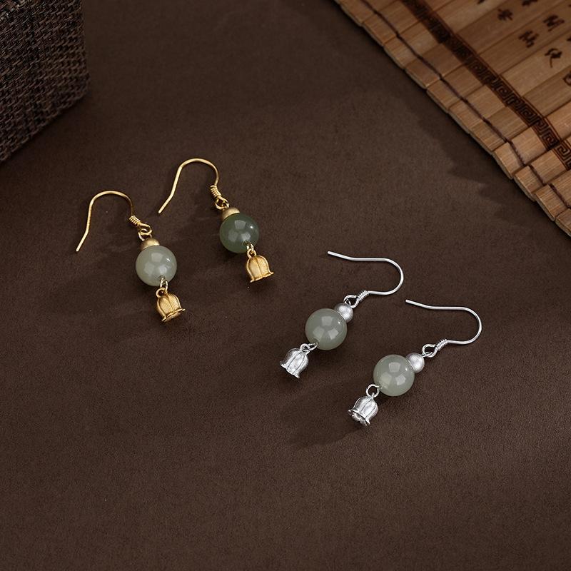 Hetian Jade Lily of The Valley Flower Ear Hook Light Luxury Retro Style Fashionable Personality High-end Ear Hook