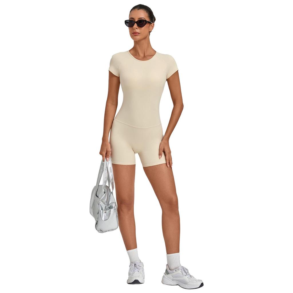 Damen-Jumpsuit mit überkreuztem Rücken und verstellbaren Trägern: Rundhalsausschnitt, Enganliegend, Po-Hebende Shorts, Yoga-Bodysuit (Modell 2701)