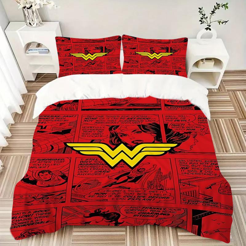 3pcs Wonder Woman Bedding Set, Soft Polyester Duvet Cover and Pillowcases Machine Washable Seasons All Suitable & Guest Room Decor250