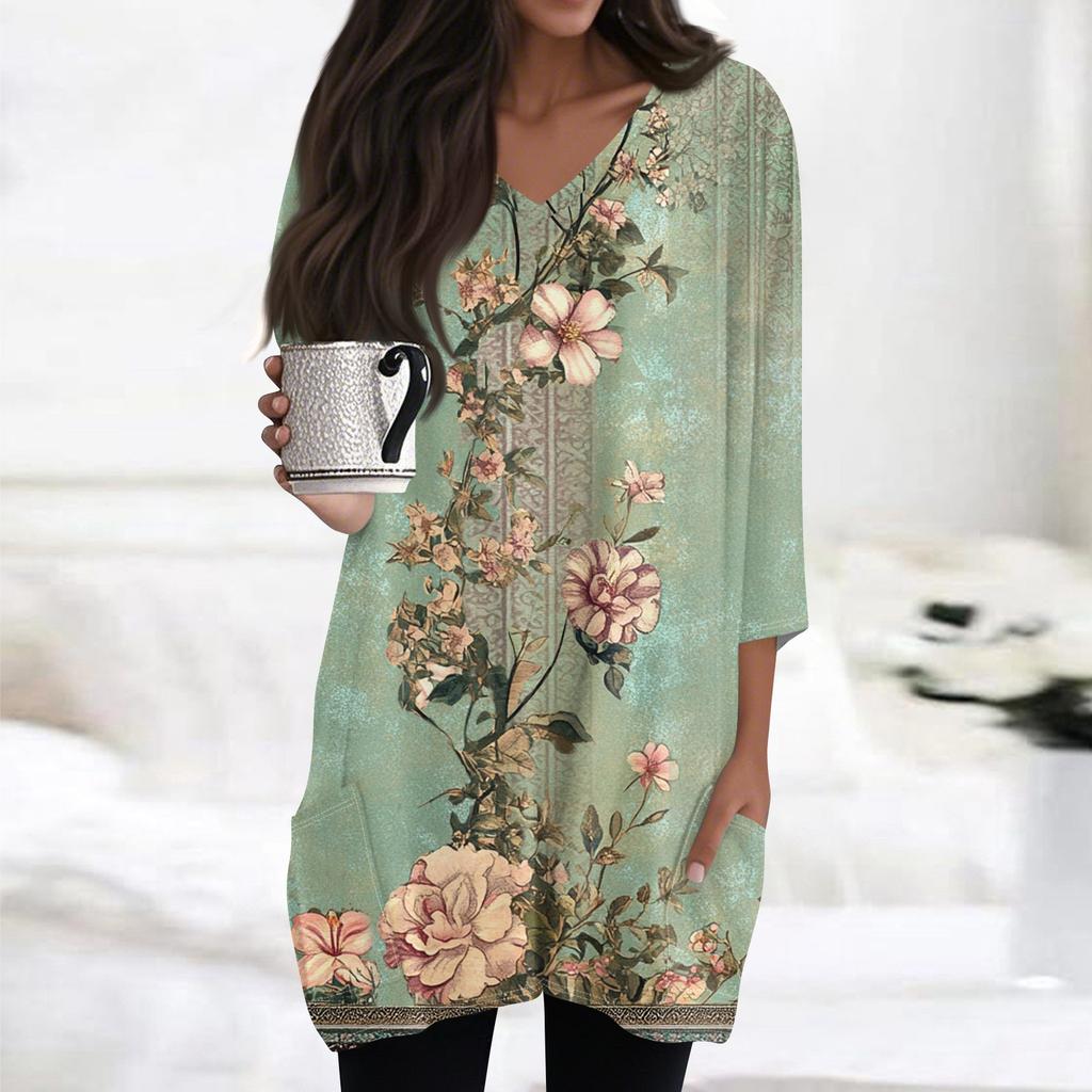 Kadın Günlük V Yaka 3/4 Kol Vintage Çiçek Desenli Üst