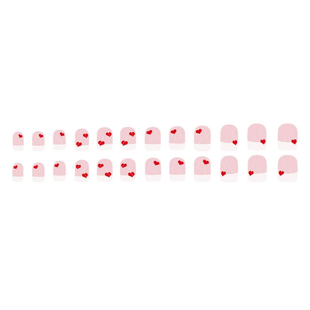 24 Pcs Valentines Day Press On Nail White French Tip False Nail Heart Acrylic Nail Short Square Stick on Nail