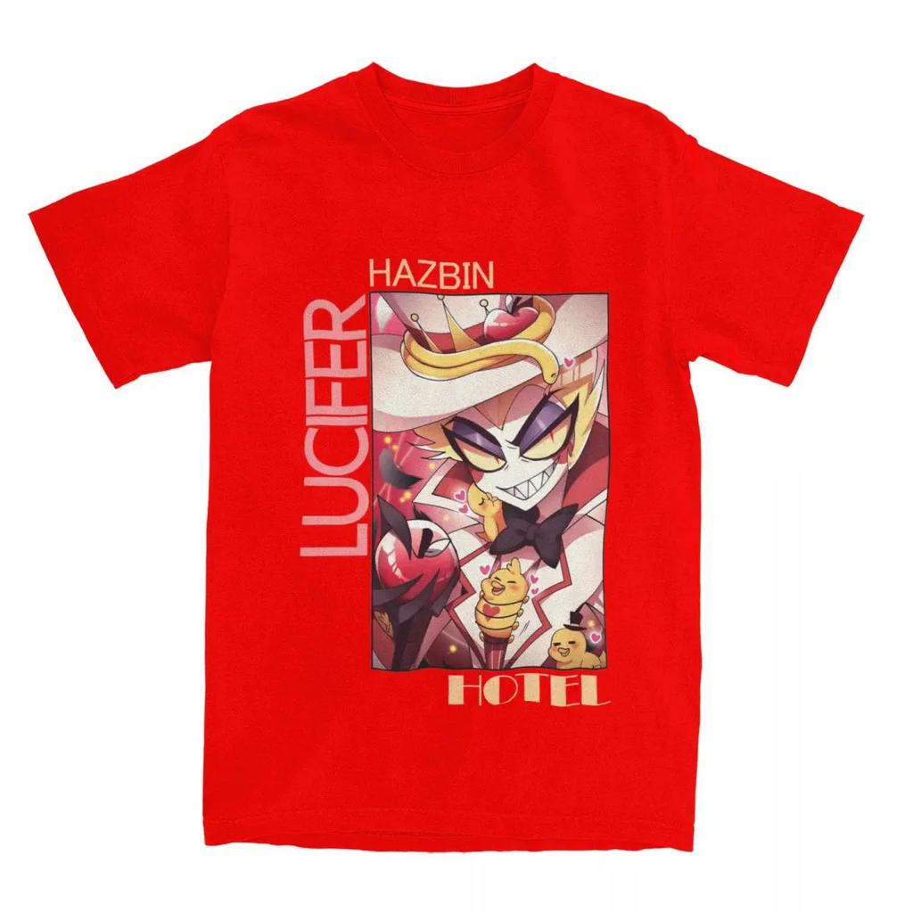 Humorous Hazbins Hotels Lucifer Kawaii T-Shirts Men Crew Neck 100% Cotton T Shirts Short Sleeve Tees Unique Tops