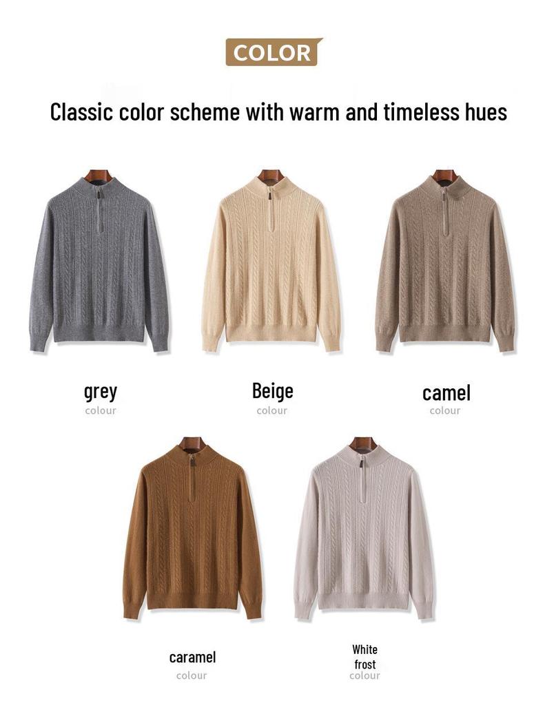 Men's Twisted Wool Sweater, Autumn/Winter, Half-High Neck, Half-Zip, Warm Knit Base Layer