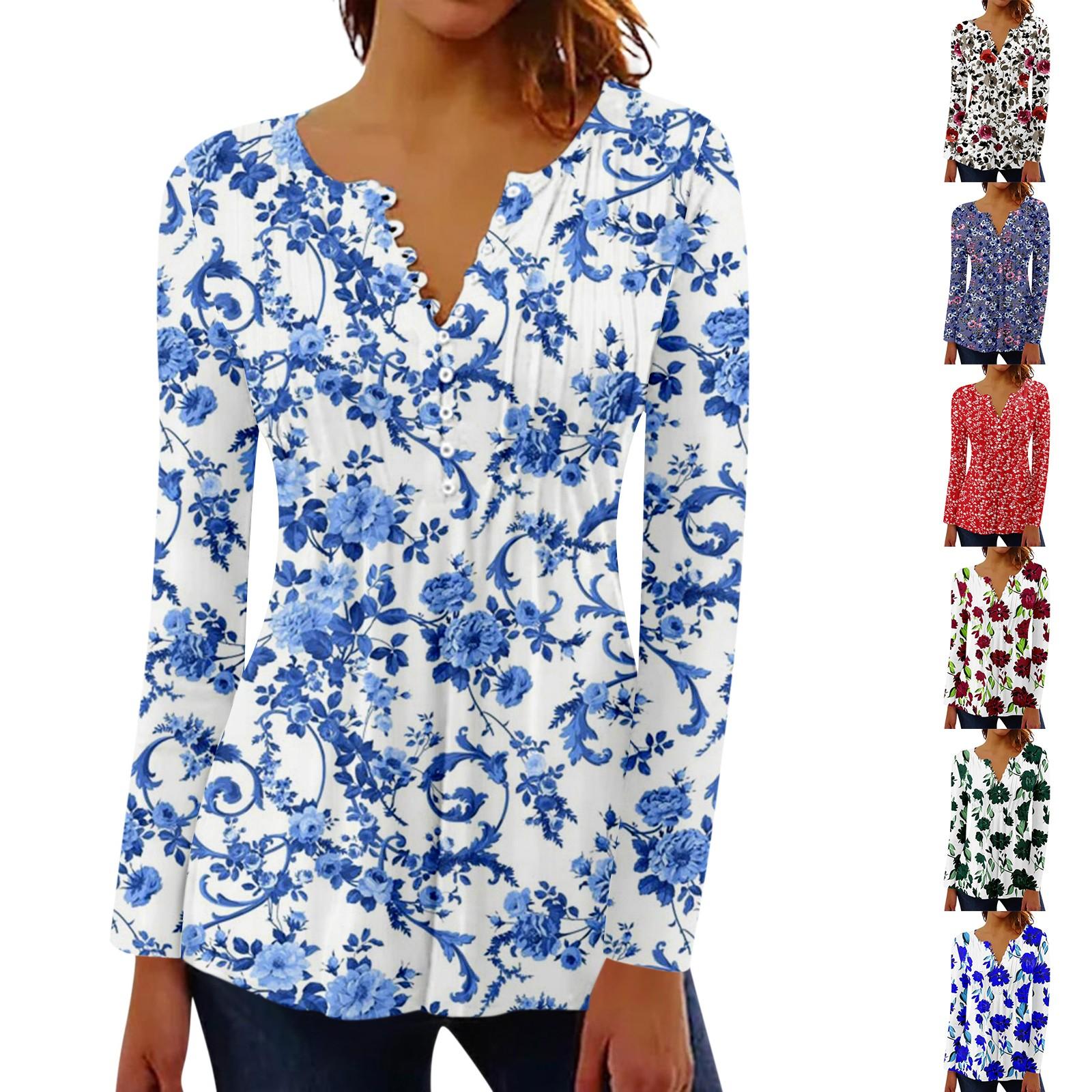 

Women s Pleated Button Retro Floral Print Top XXL