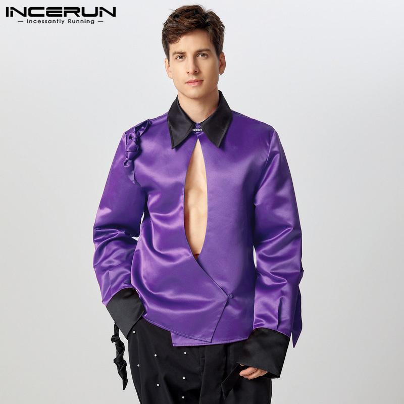 INCERUN Men Lapel Neck Long Sleeve Satin Shirts Solid Color Bandage Hollow Front Cross Tops
