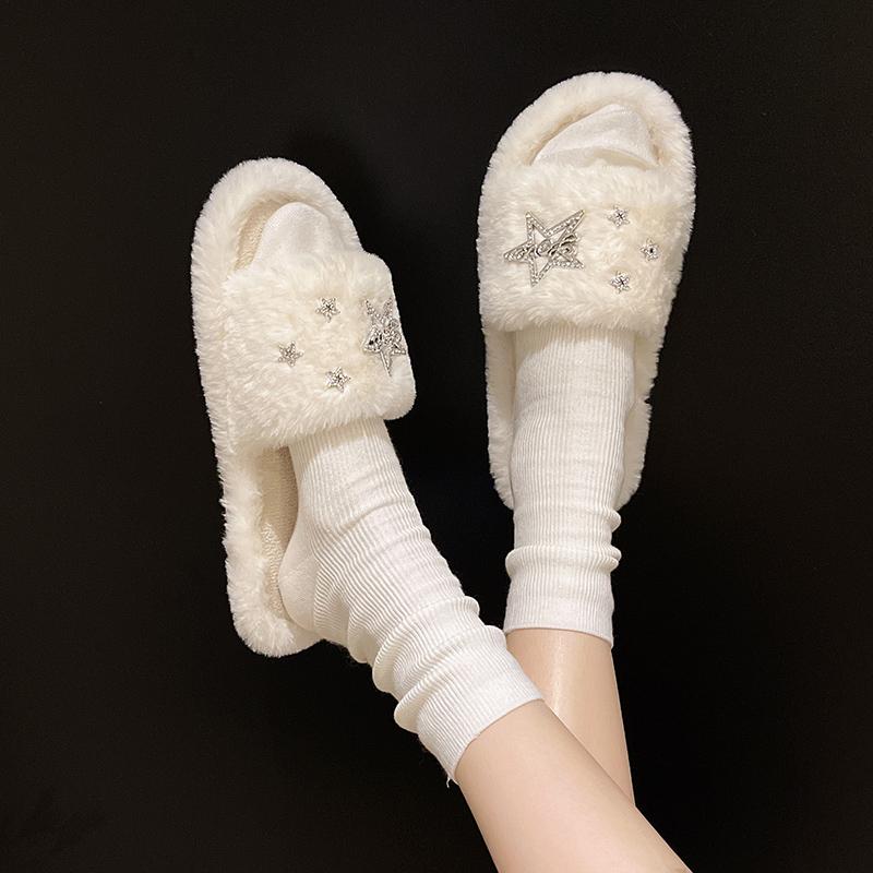 Leisure Slippers Woman Casual Flat Low Heels Sweet Basic Shoes for Women Solid Pearl Fur Slip On Star Winter Slides Plus Size