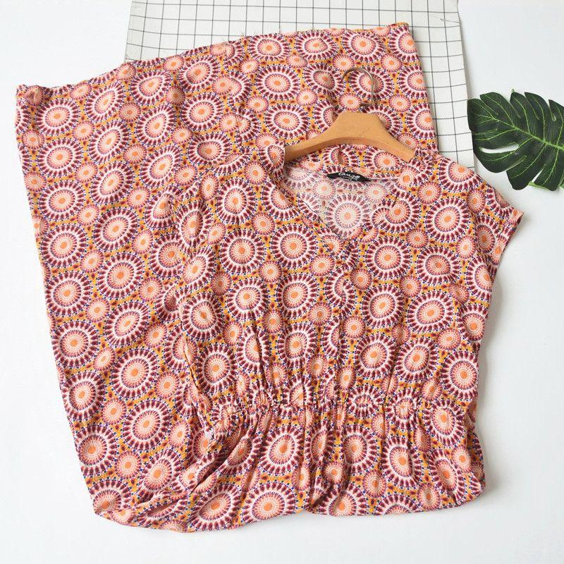 Export Cut Label Plus Size Summer Women's Rayon Print V-neck Waist-Controlled Slimming Mop Extended Nightdress Home Wear