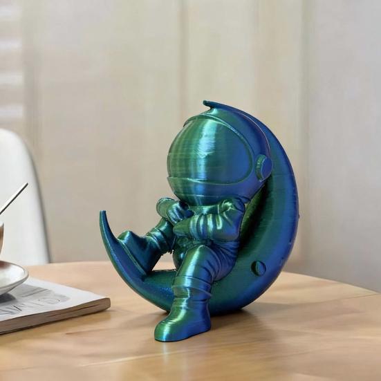 Yousheng 3D Printed Moon Astronaut Figurine, Sitting on Crescent Moon Spaceman Statue, Astronaut Desktop Decoration for Home