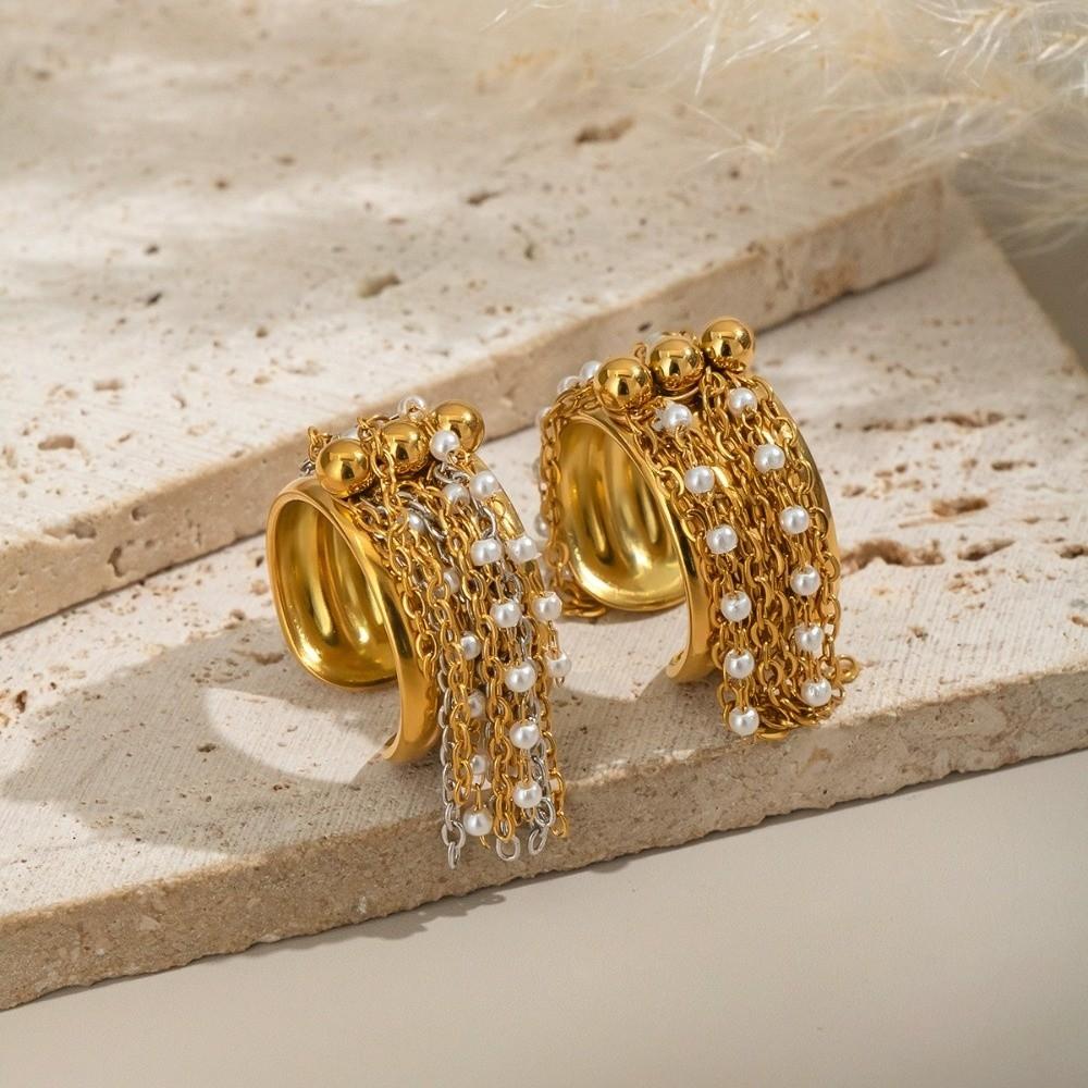 Fashion Stainless Steel Tassel Ring Beaded Chain Three-Layer Gold Color Plated Ring Open Finger Ring Jewelry Accessories