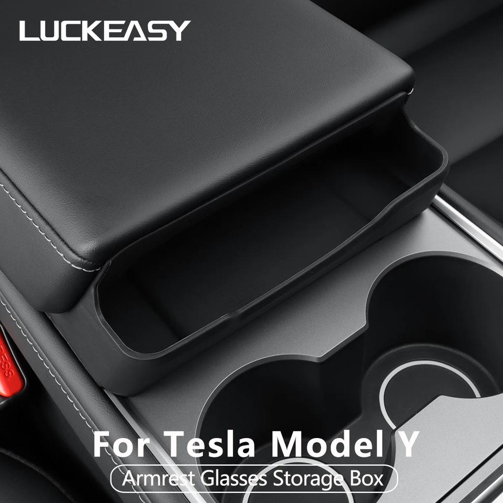 LUCKEASY for Tesla Model Y 2024 Armrest Glasses Storage Box Key Card Phone Sunglasses Organizer Case Tray Car Accessories