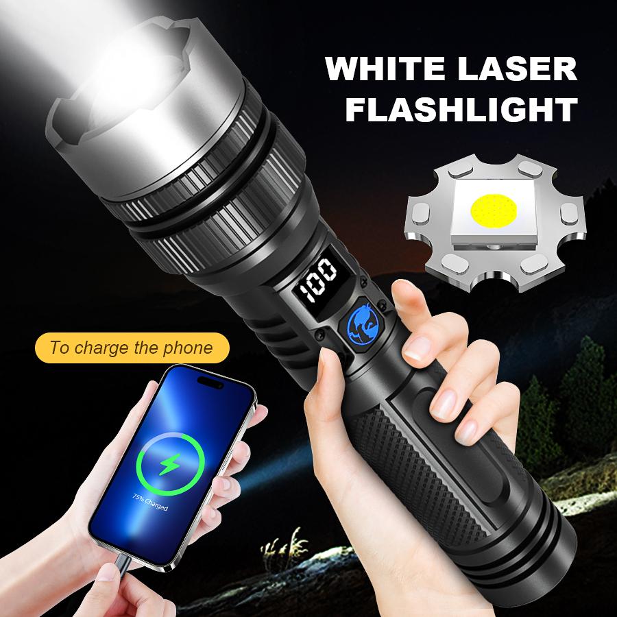 2000LM Self Defense LED Flashlight ABS Torch with Digital Display Portable TYPE-C Rechargeable Flashlights for Camping Hiking