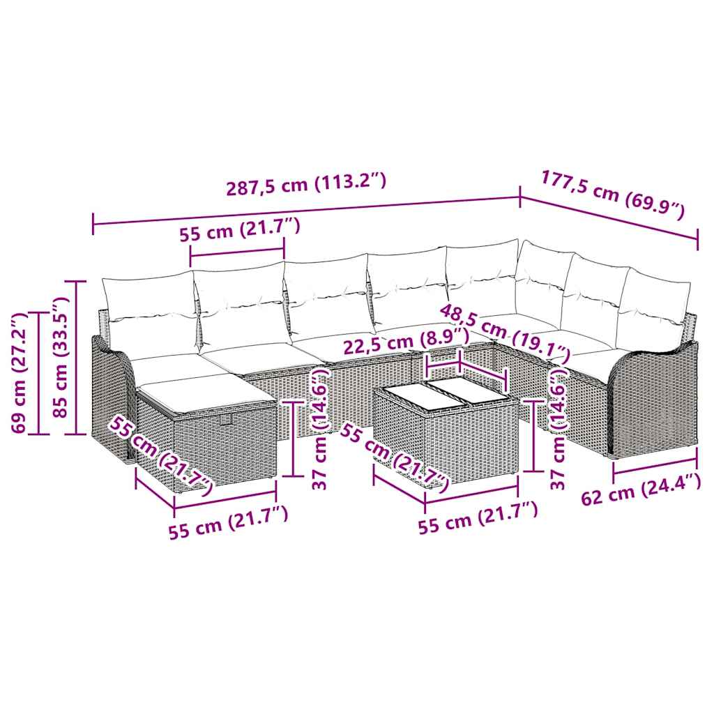 Garden Sofa Set with Cushions 9 pcs Black Poly Rattan