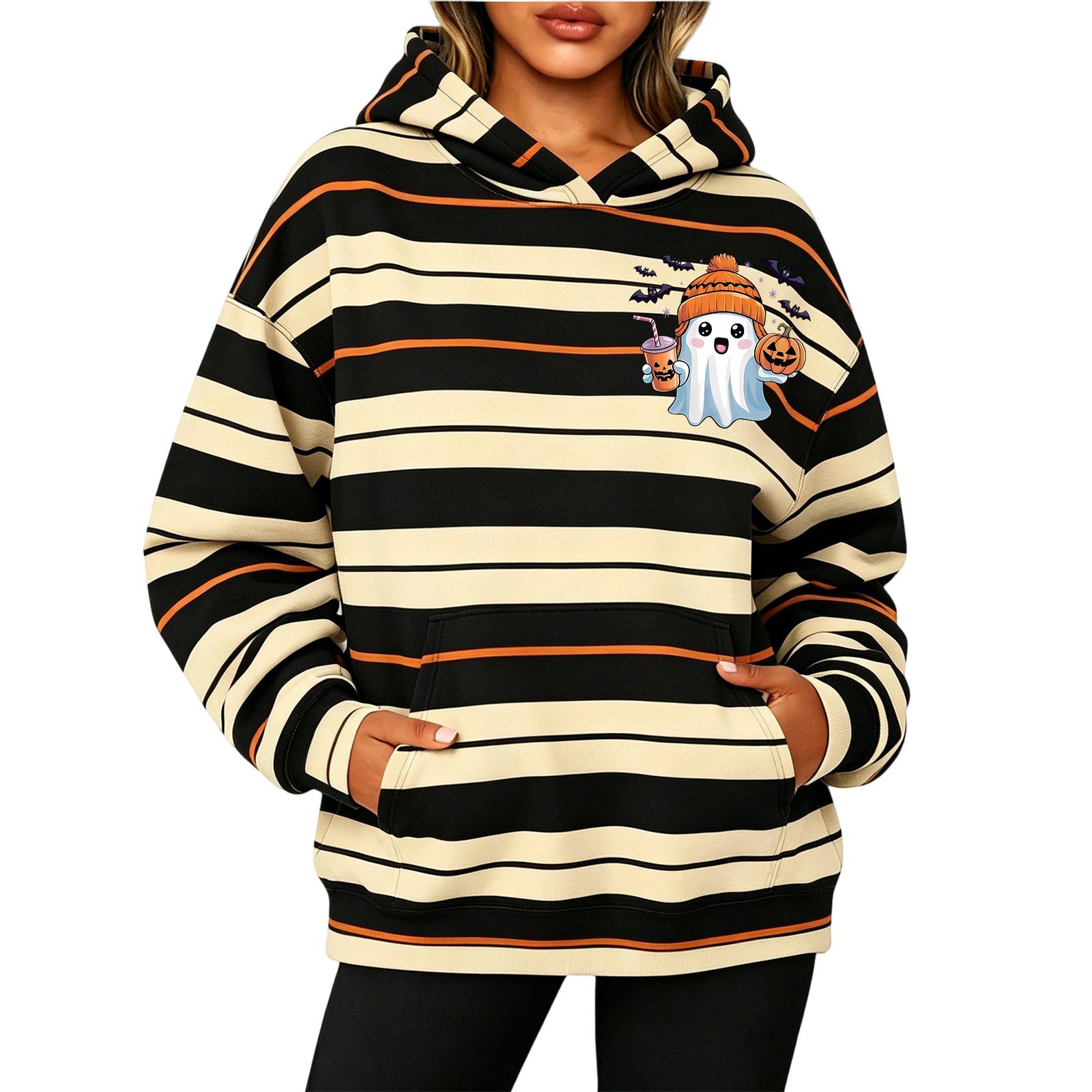 Women s Fashion Striped Print Long Sleeve Pullover Hoodie with Pockets for Halloween L