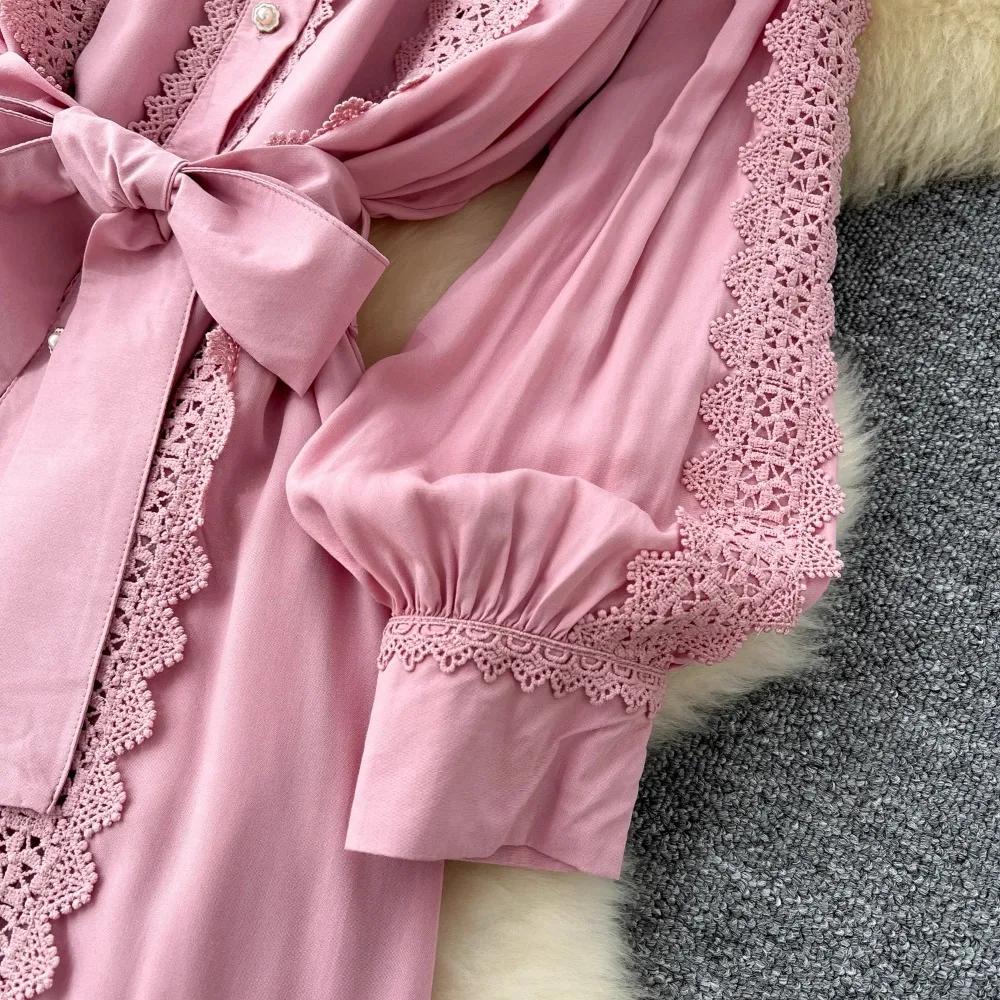 Bata Vintage para Mujer Cuello Vuelto Manga Linterna Vestido Encaje Vendaje Lazo Ajustado Gran Vuelo Vestidos Maxi Elegante Vestido Mujer