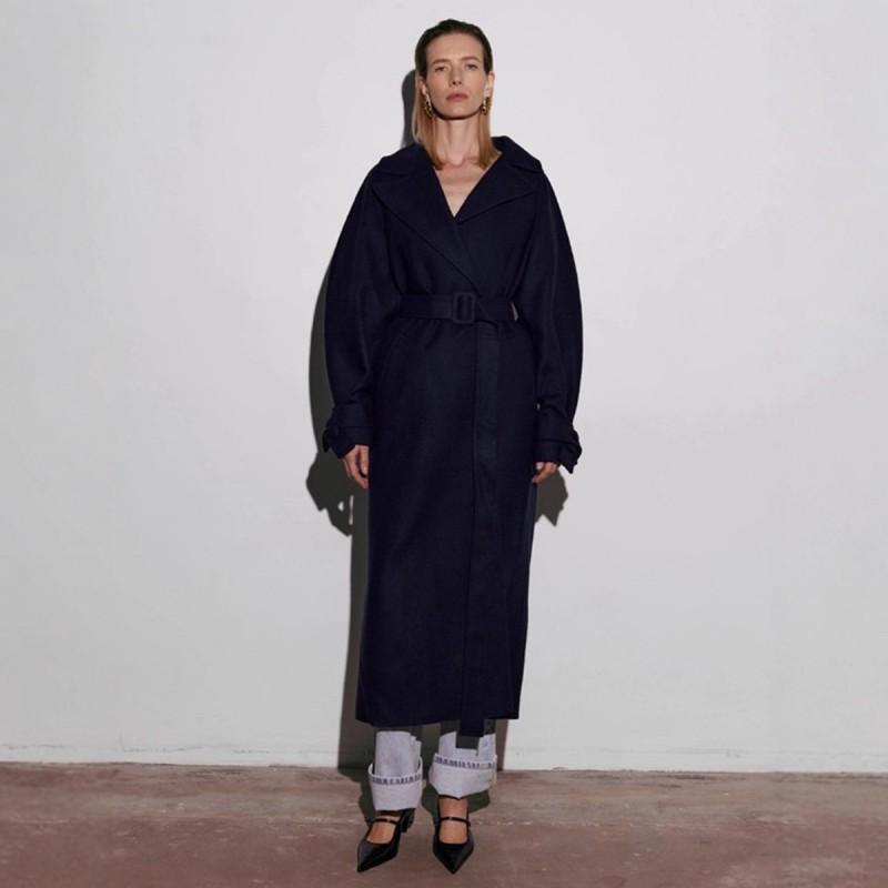 Womens Long Wool Blend Coat Winter Oversized Wrap Belted Trench Style Loose Fit Outerwear
