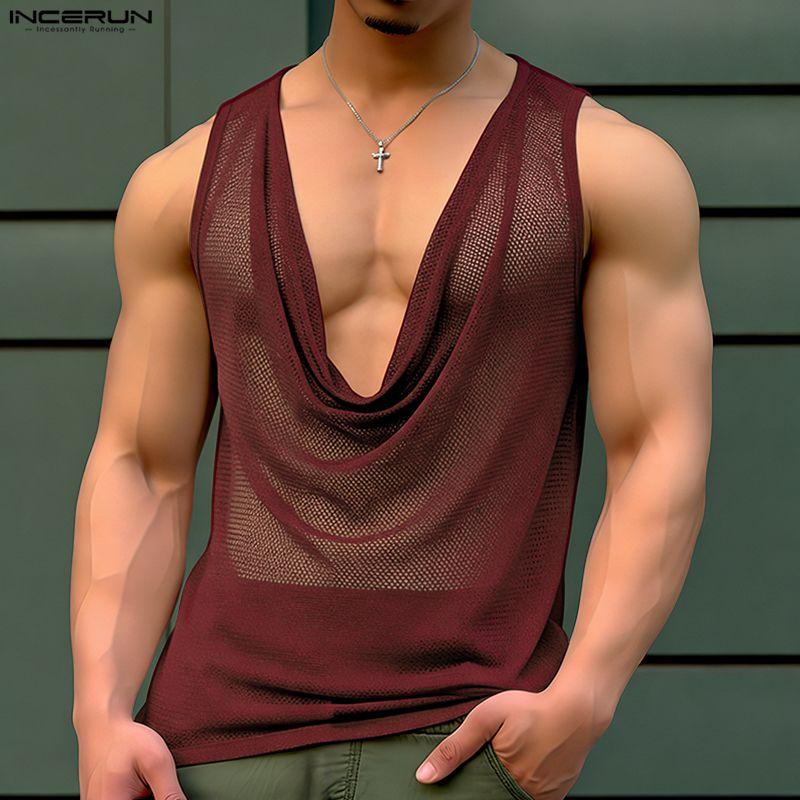 Summer Swing Neck Incerun Men Sleeveless Hollow Out Loose Beach Holiday Tank Tops