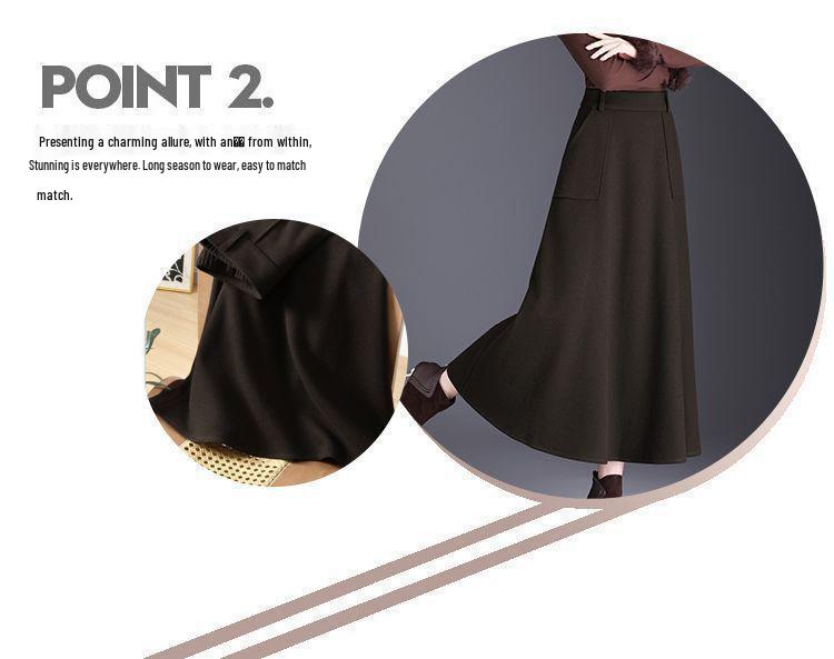 High-Waisted Wool A-Line Midi Skirt with Pockets for Autumn and Winter