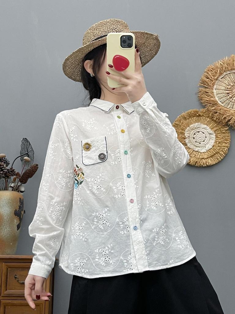 Women's Floral Embroidery Button-Up Long-Sleeve Jacquard Top for Spring and Fall