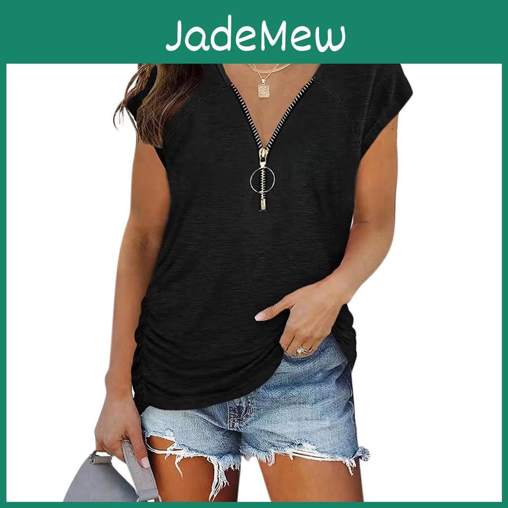 Cotton Blend Casual T Shirt With Ruffled Front Zip For Womens Spring Fashion