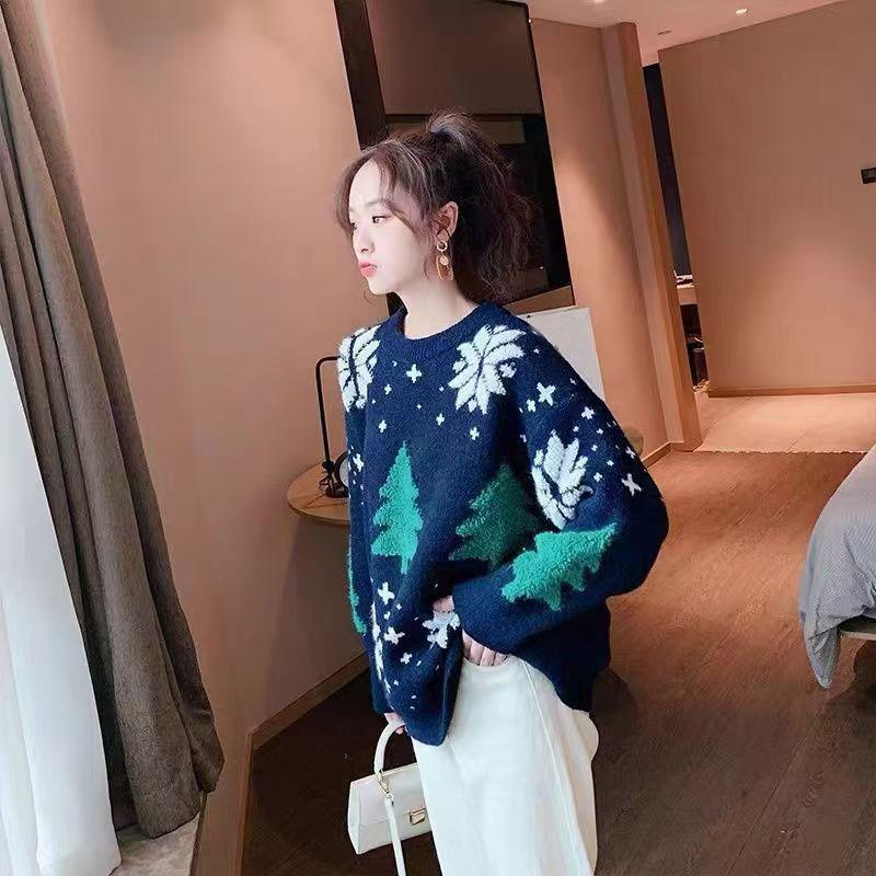 

пуловер с длинным рукавом и круглым вырезом, вязаный топ, женский свободный осенне-зимний вариант в диком ретро-стиле one size синий