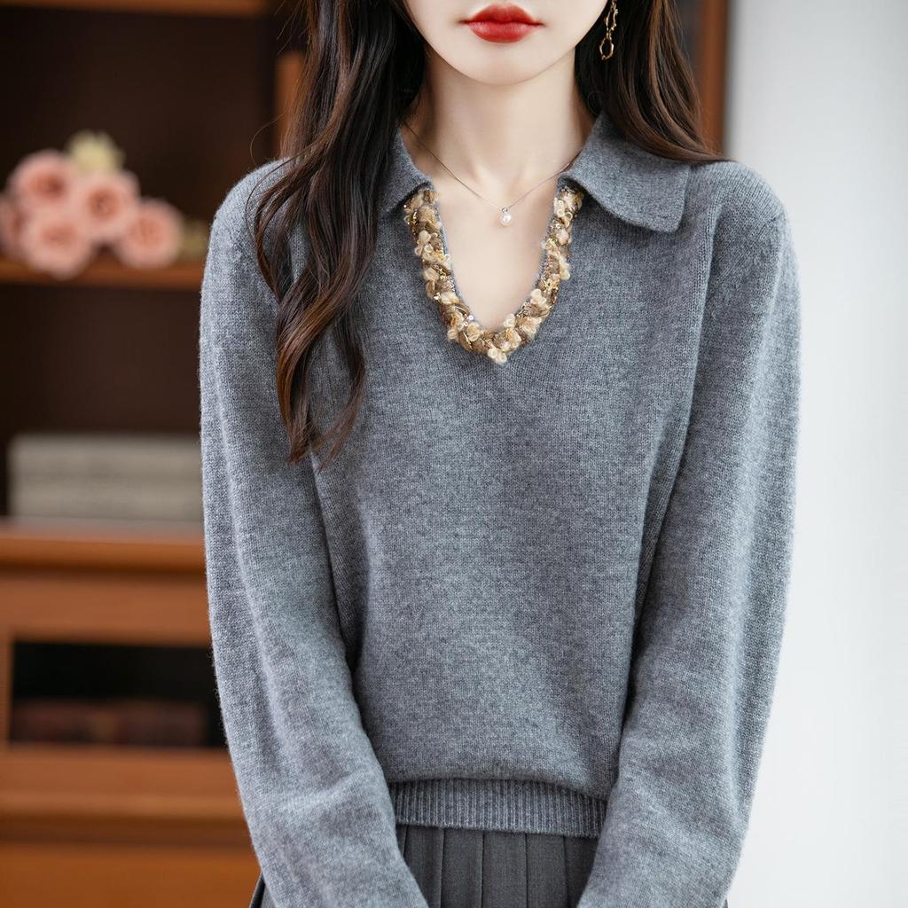 Women's V-Neck Rhinestone Embellished Long Sleeve Polo Collar Sweater