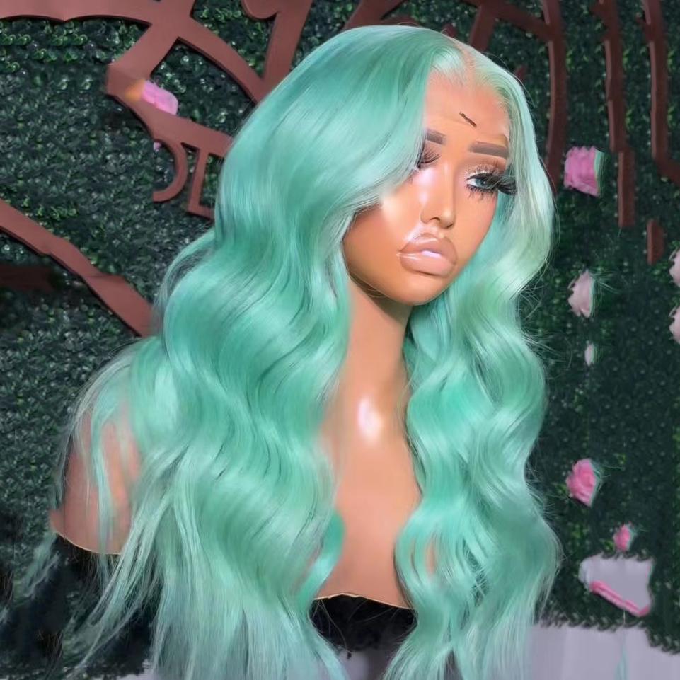 

AIMEYA Blue Lace Front Wig Body Wave Wigs for Women Middle Part Synthetic Hair Heat Resistant Natural Hairline (Mint Green,18inches&Lace Front)