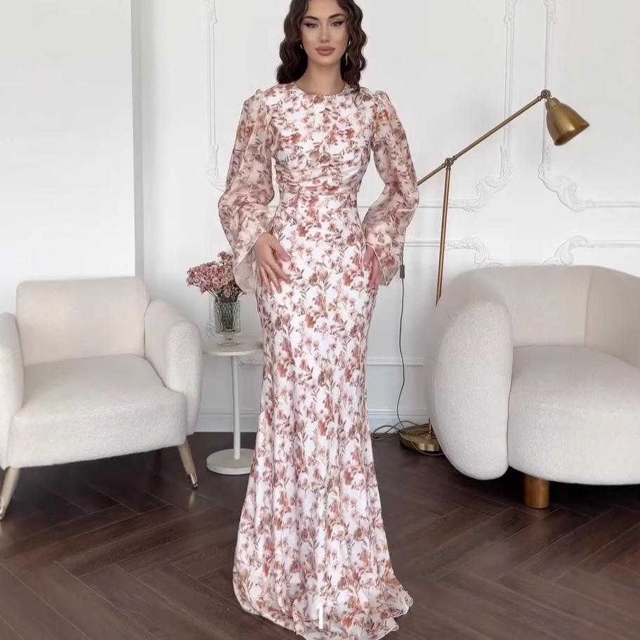 2025 Autumn Floral French Flare Sleeve Slim Fit Long Dress Extra Large розовый