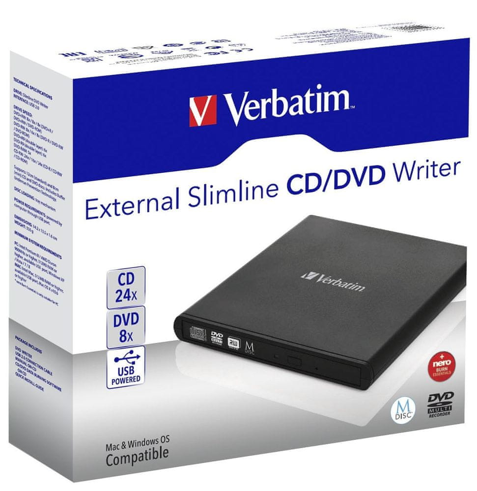 Verbatim External CD/DVD RW Burner USB 2.0 SLIM