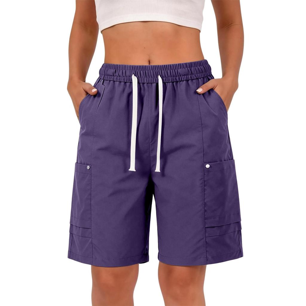 Women’s Summer Loose Fit Drawstring Waist Cargo Shorts with Pockets for Hiking Travel Casual Relaxed Wide Leg Design
