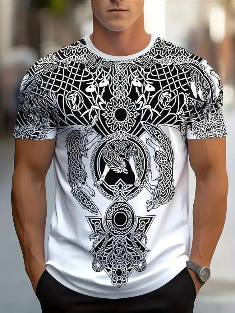 Men's Black and White Tribal Wolf Tee, Norse Mythology Inspired Knot Pattern, Breathable Short Sleeve for Street and Urban Style