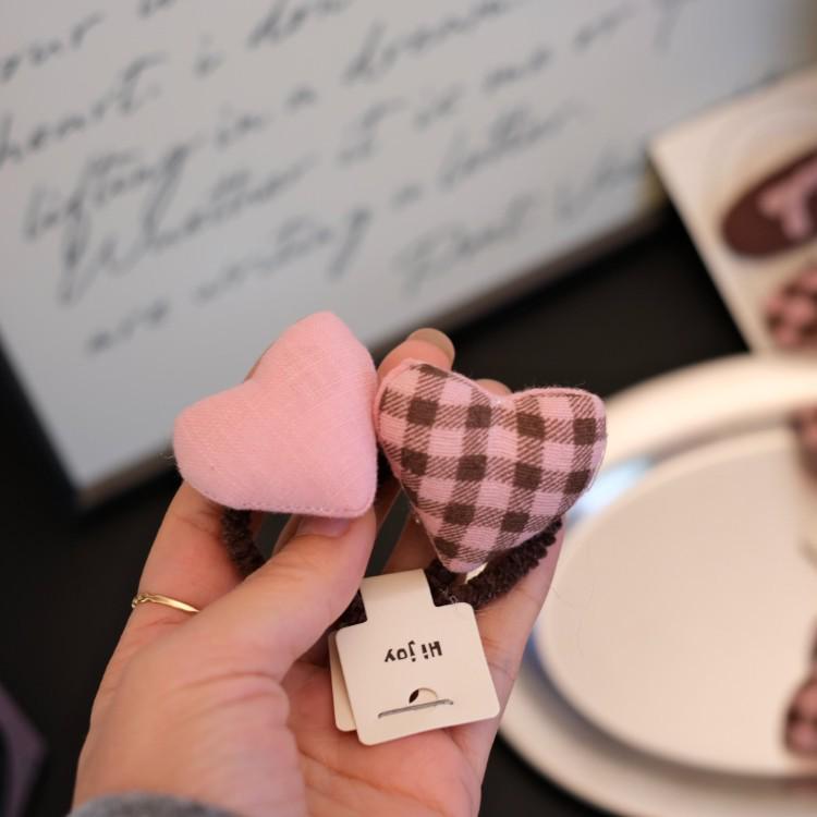 Pink Heart Hair Tie & Bangs Clip - Cute, No-Damage, Plaid Bow Hair Accessories for Girls Hair Clip