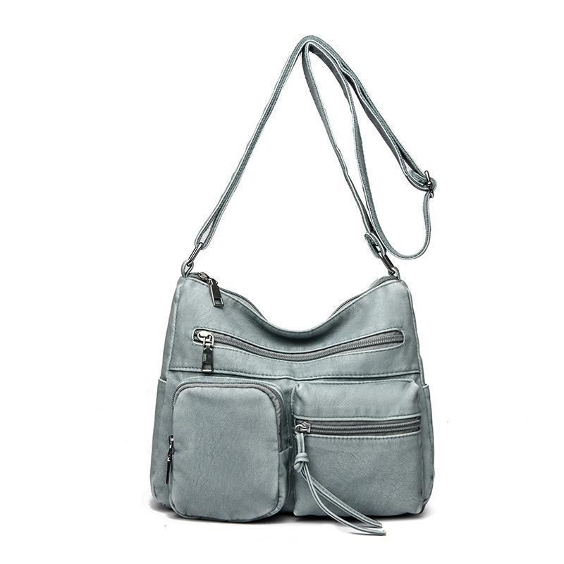 New women's bag retro fashion faded soft leather shoulder bag trendy multi-pocket large-capacity messenger bag