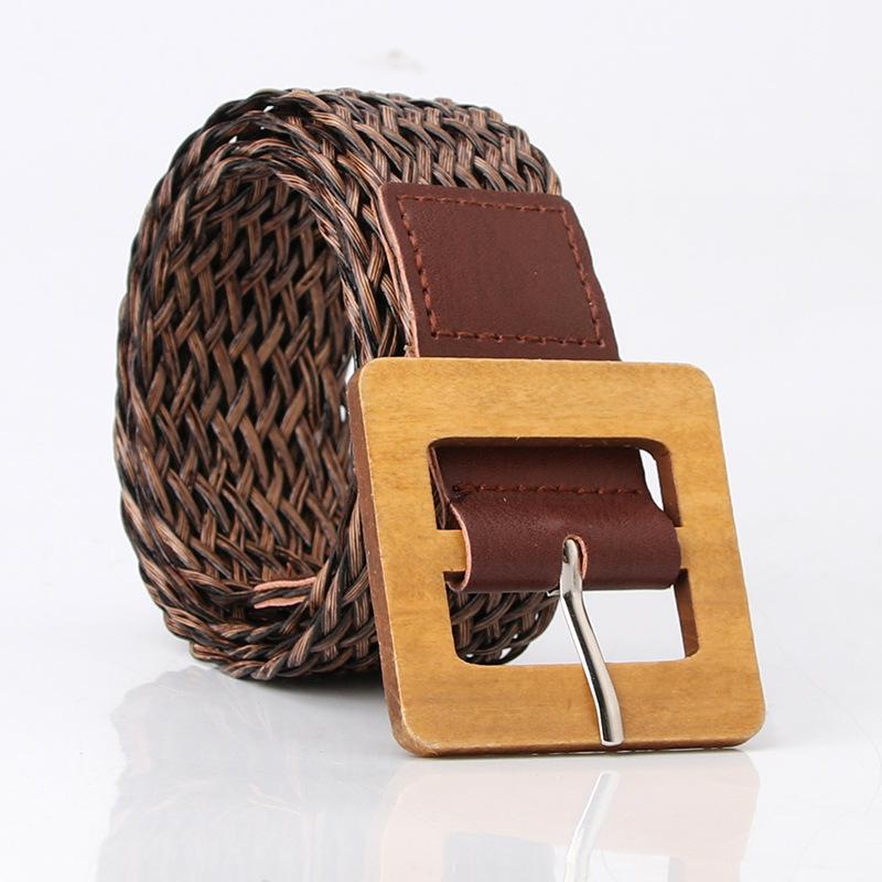 Women's woven belt Wood color square buckle decorative jeans belt Simple fashion dress belt