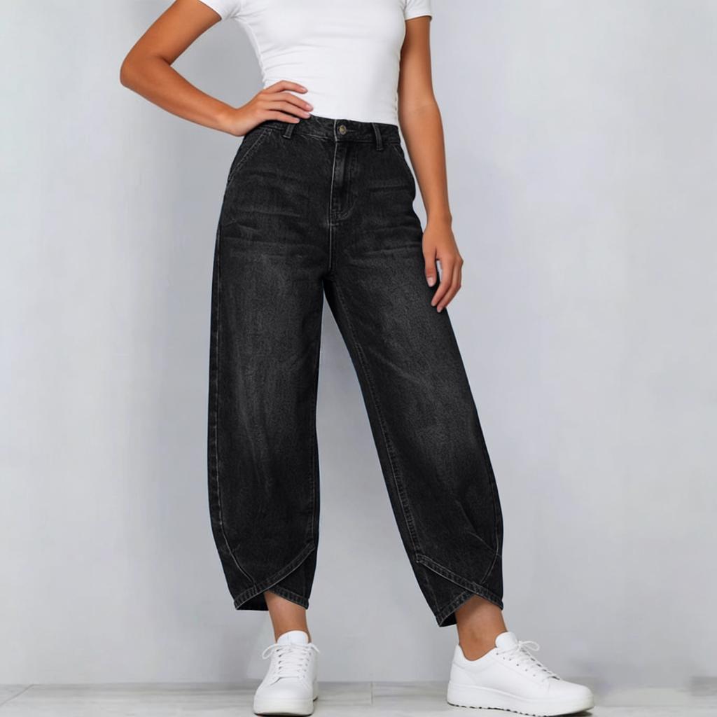 Women’s High Waist Wide Leg Cropped Pants Relaxed Fit Denim Casual Trousers with Hem Design