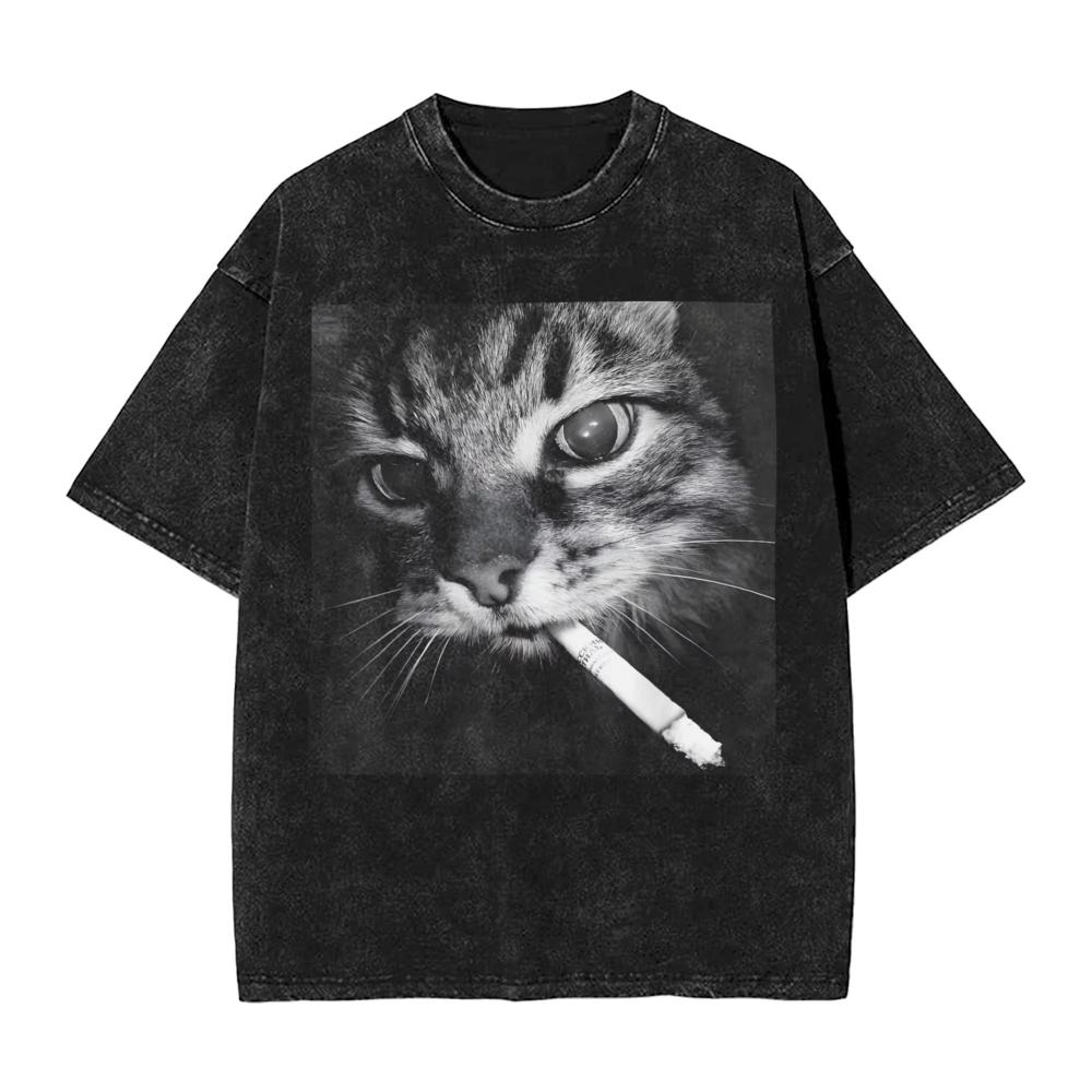 Cigarette Kitten Funny Smoking Cat Meme Stupid Brainrot Men T Shirt Summer Y2K Washed T Shirt Cotton Tee Shirt Short-Sleeve Tees