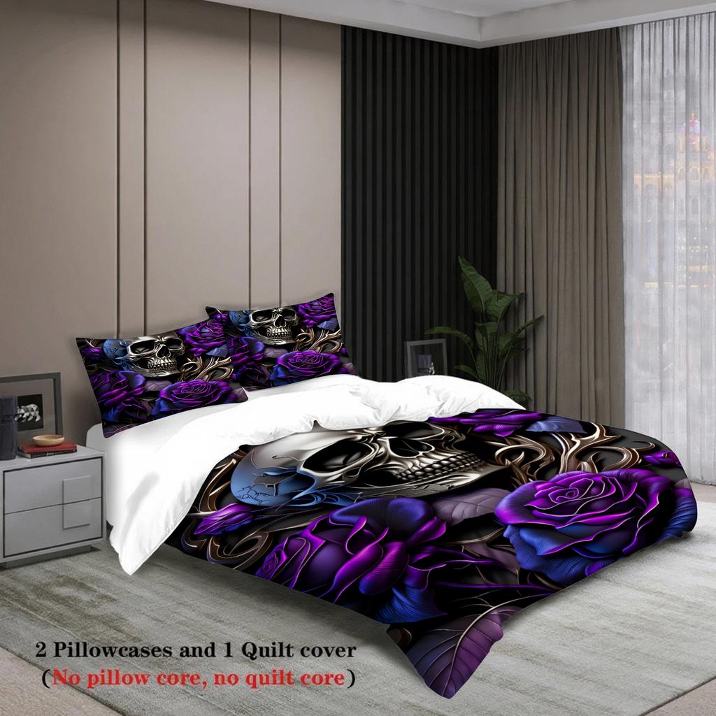 3pcs Skull And Rose Bedding Sets 3D Printed Gothic Skull With Purple Roses Duvet Cover Sets With Pillowcases No Filling