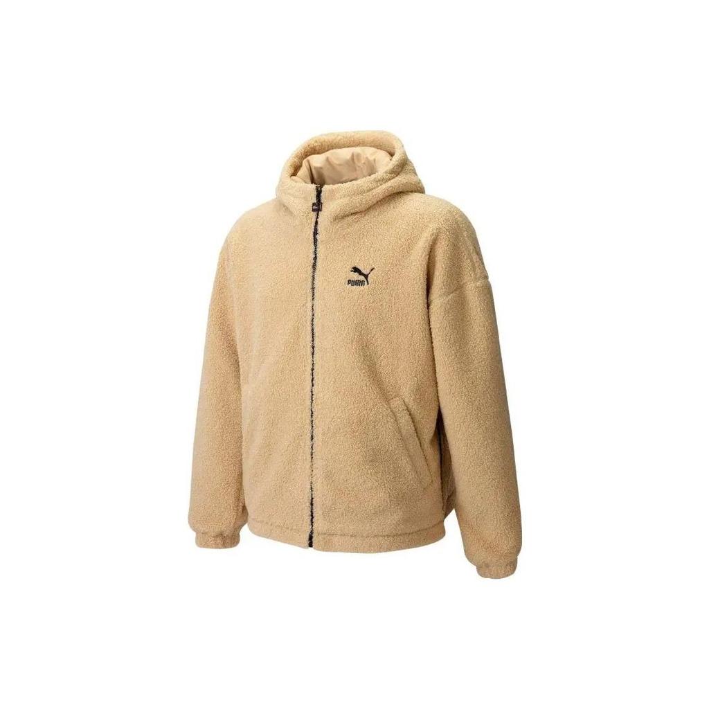 Puma FW22 Back Logo Print Sherpa Fleece Zip Hoodie Jacket Unisex Outerwear Coffee 539568-20