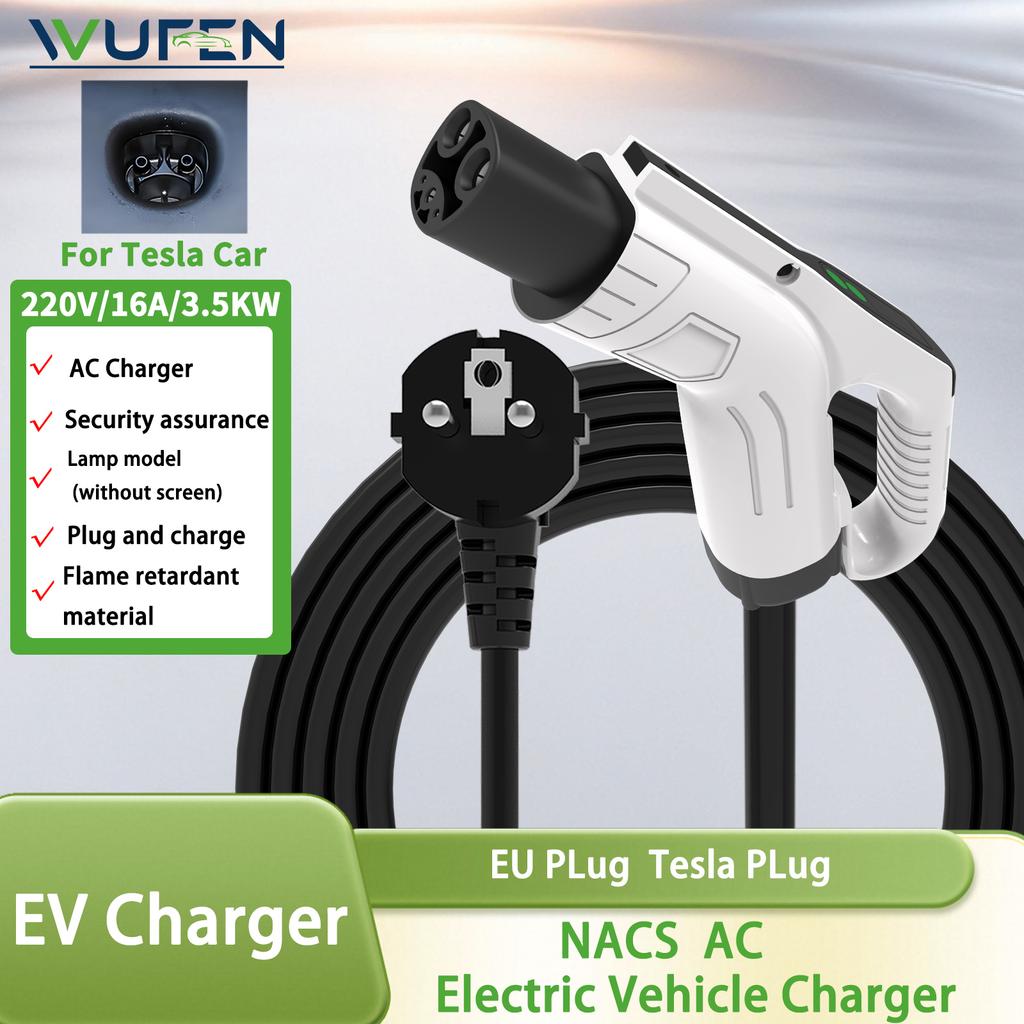 WUFEN 3.5KW 16A Portable Electric Vehicle EV Charger with 1M-5M Cable Tesla EVSE EU Plug NACS Charging for Electric Cars