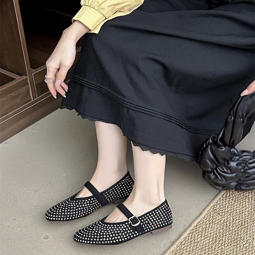 Foreign Trade Full Diamond Mary Jane Single Shoes Women's 2025 New Shallow Mouth One-word Buckle with Round Head Flat-soled Beanie Shoes
