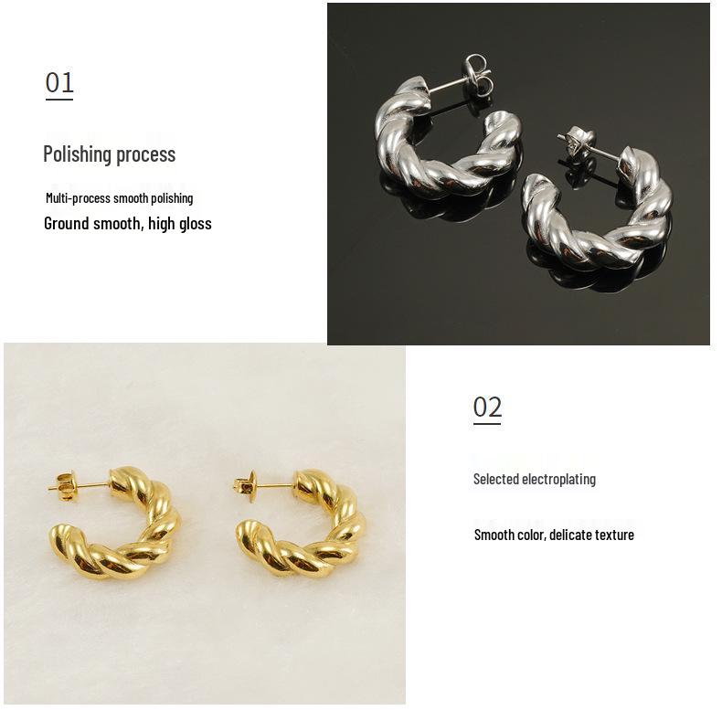 Boucles d'oreilles créoles torsadées en acier titane plaqué or 18 carats sous vide pour femmes