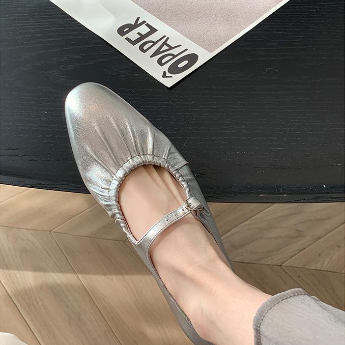 Sheepskin Version~ High-end Leather Shoes Versatile Silver Mary Jane Shoes Women's Light Mouth Single Shoes Beautiful Flat-bottomed Ladyshoes