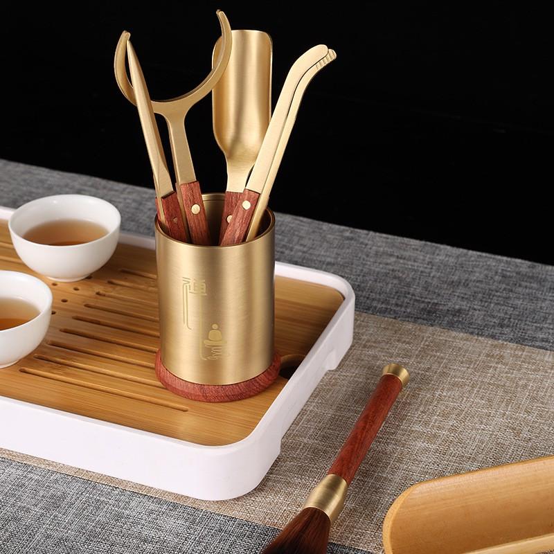 Wooden Tea Tools Set With Brass Accents Chinese Gongfu Accessories Puer Ceremony