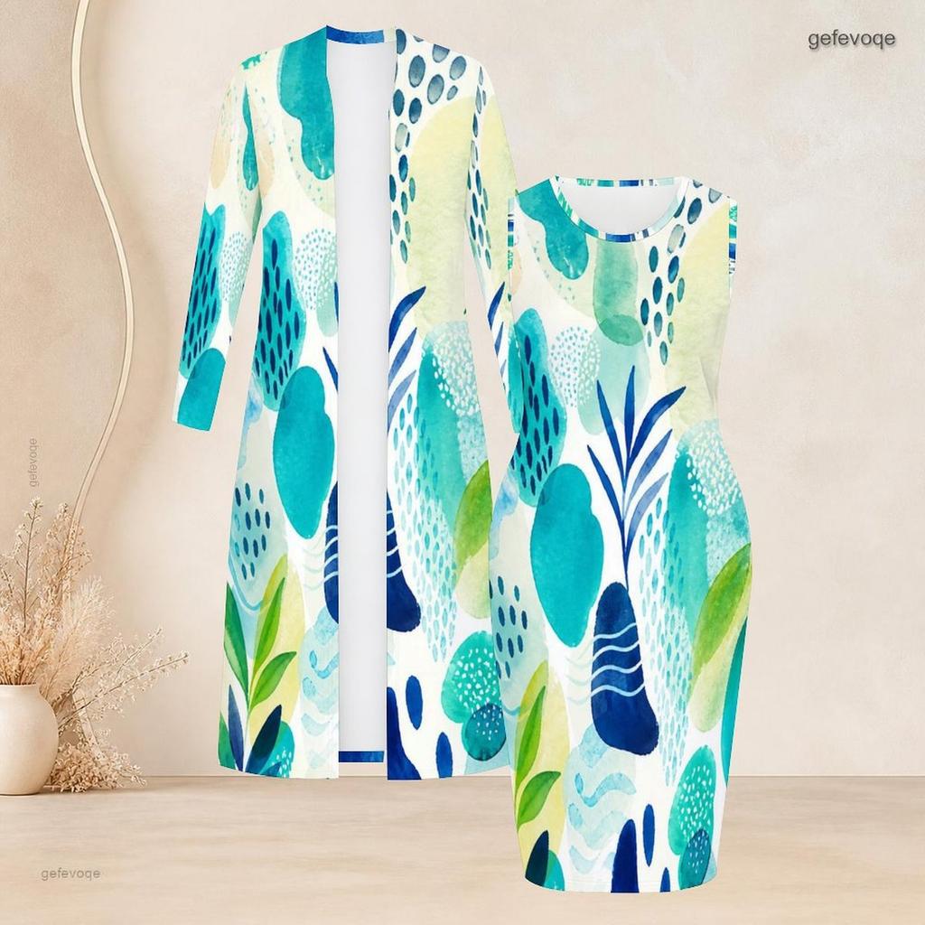 Women Plus Size Two Piece Set Long Sleeve Open Front Cardigan Sleeveless Abstract Printed Bodycon Dress
