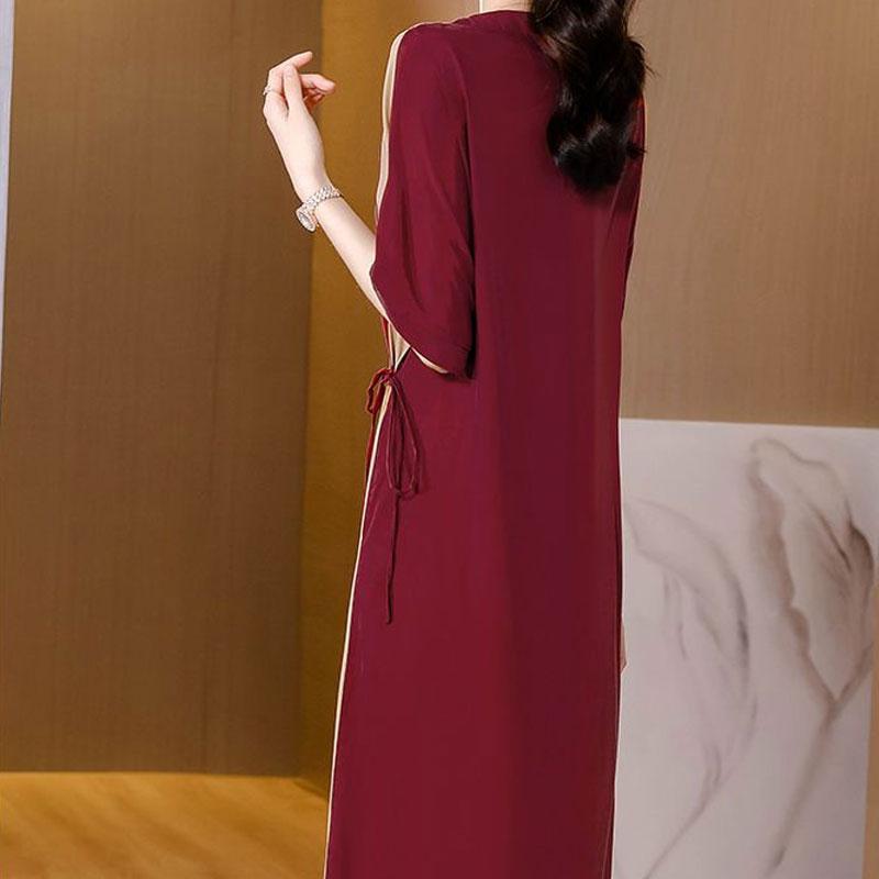 Female Clothing Contrasting Colors Dresses Stylish Asymmetrical Summer Loose A-Line Drawstring Basic Casual O-Neck Midi Dress